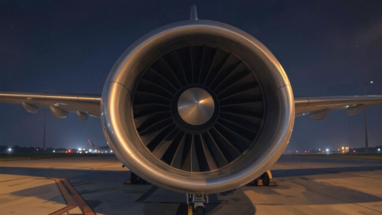Gece apronda büyük bir turbofan motorun fan kanatları