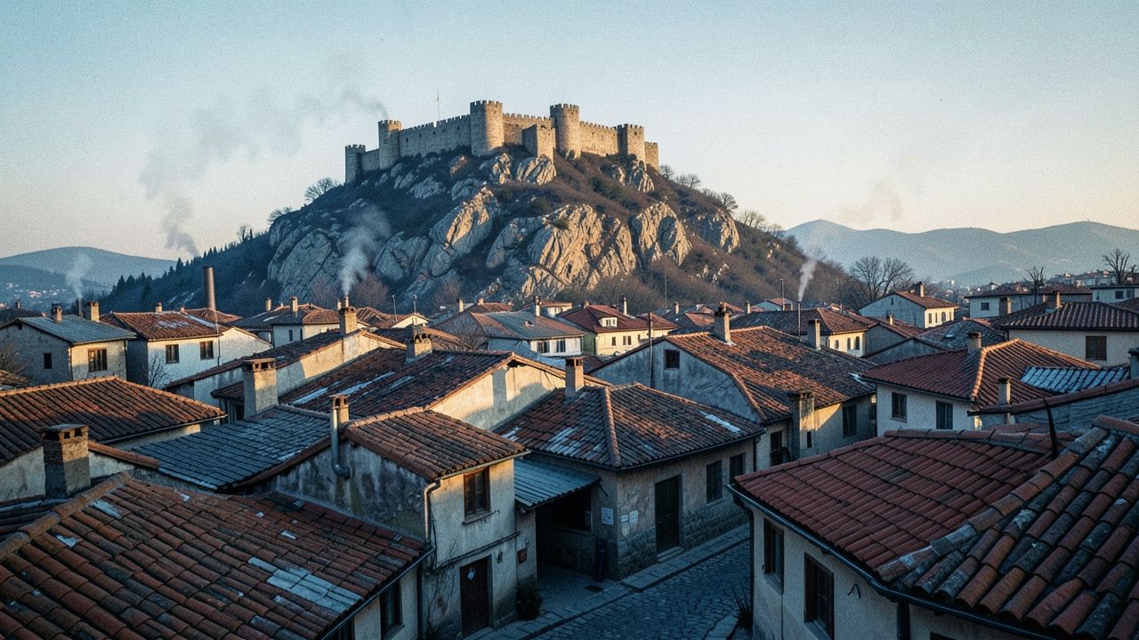 Açık bir kış öğleden sonrası, kayalık tepedeki kale ve eski kiremit çatılar