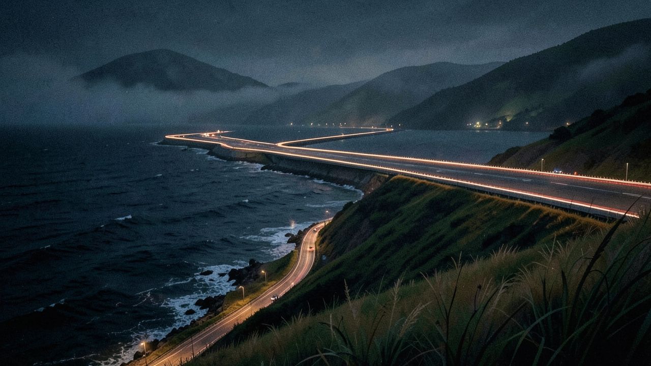 Gece Karadeniz kıyısında pist kenar ışıklarının bittiği yamaç