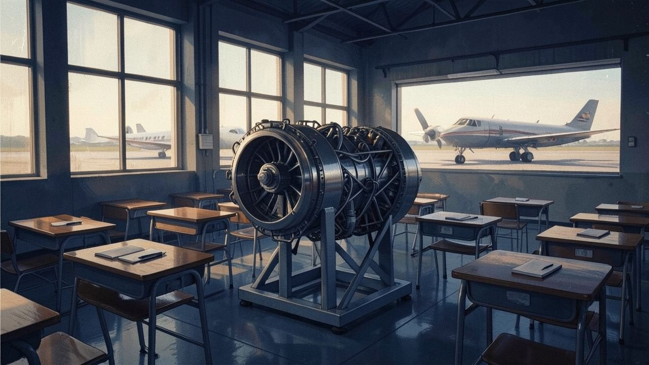Havacılık okulu hangar sınıfında kesit jet motoru ve boş sıralar