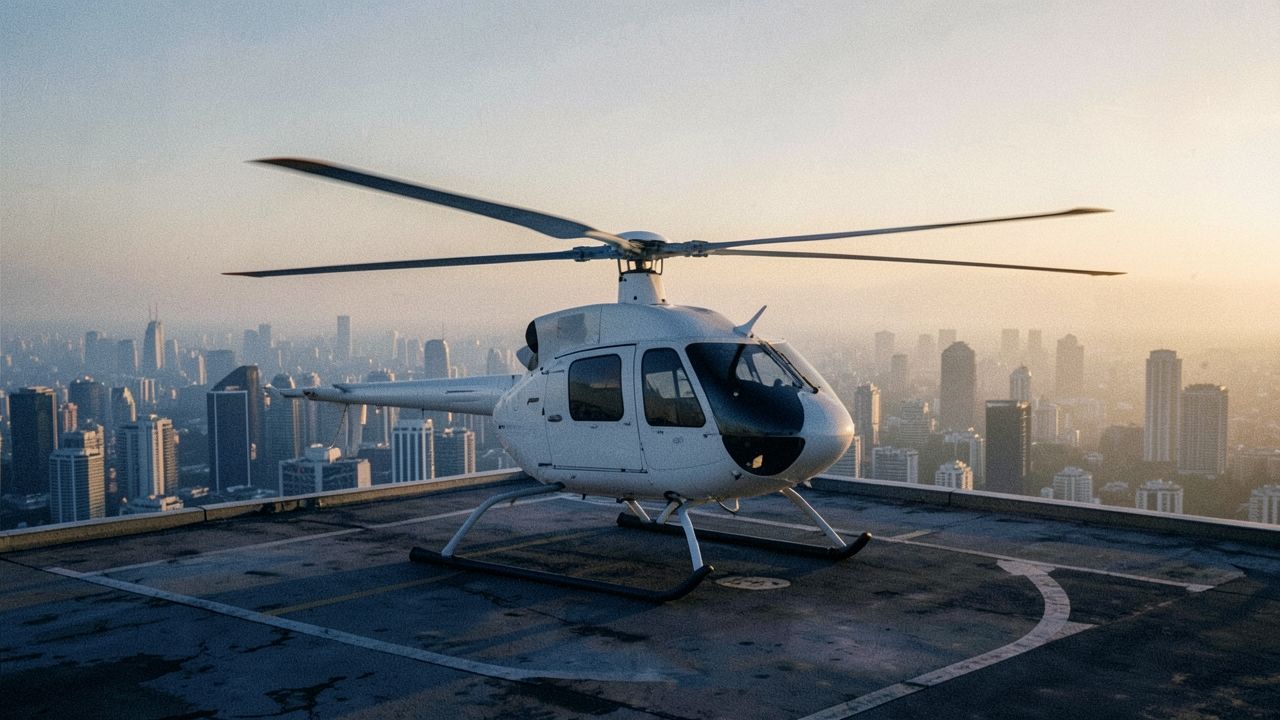 Gün doğumunda çatı pistinde duran işaretsiz beyaz bir helikopter